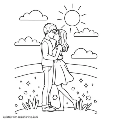 A coloring page of tall man and short thin woman kissing under a sunrise