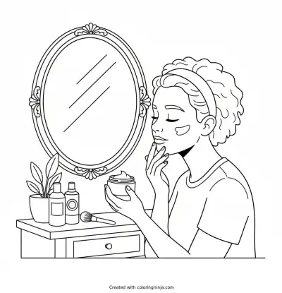 Teenager applying face moisturizer with a round mirror coloring page