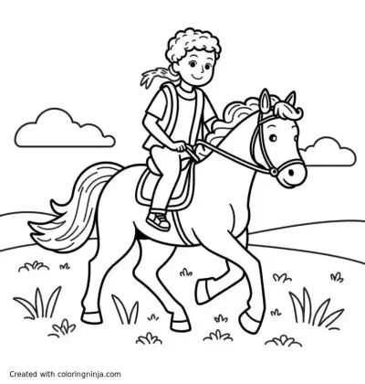 A coloring page of a teenager riding a horse through a meadow