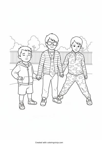 A coloring page of Three Boys Holding Hands on the Playground