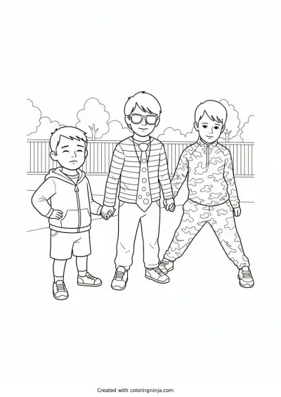 A coloring page of Three Boys Holding Hands on the Playground