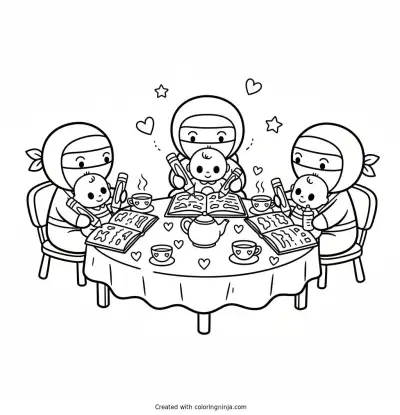 A coloring page of three ninjas at a tea party with baby dolls 