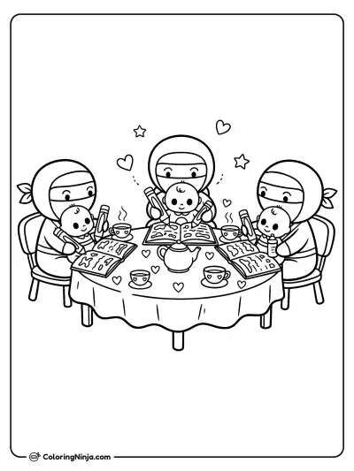 Tres ninjas en fiesta de té con bebés