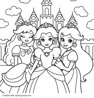 A coloring page of Three princesses that looks like the princess Peach, they should be in a castle like the one in LOL