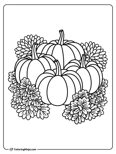 Cuatro calabazas rodeadas de flores