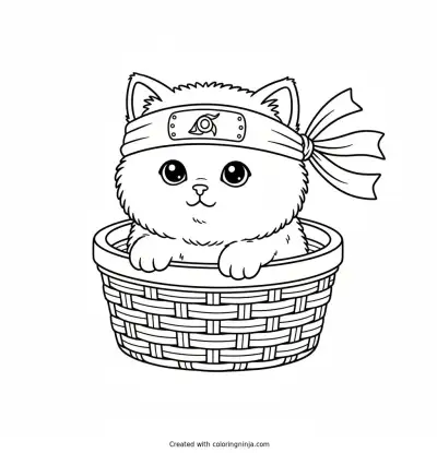 Little Kitten in a Basket Coloring Page