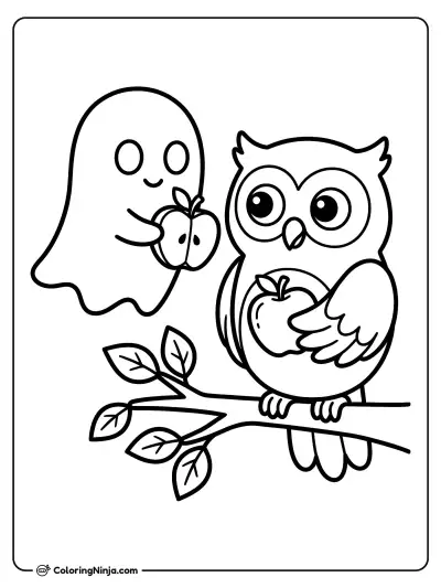 Cute Ghost and Owl Coloring Page