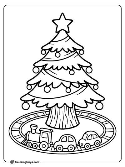 Toy Train Around the Tree Coloring Page
