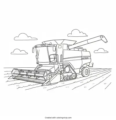 A coloring page of a tracked John Deere x9 1100 in a field