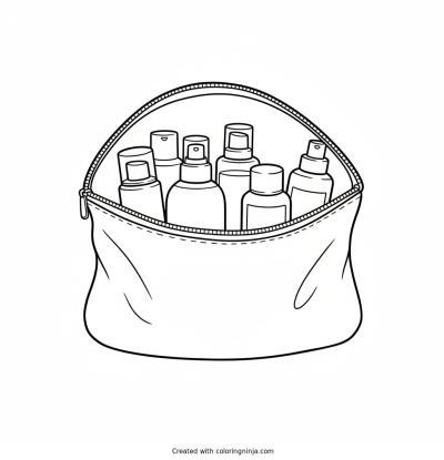 A coloring page of Travel-size skincare bottles lined up in a bag
