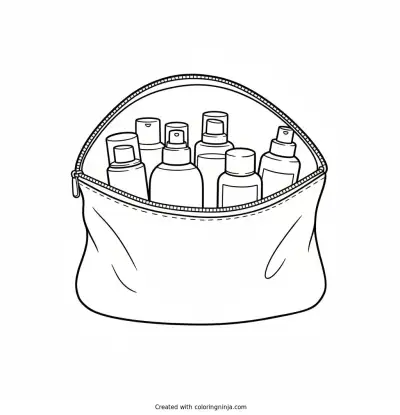 Travel-size skincare bottles lined up in a bag coloring page