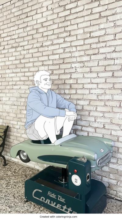 A coloring page of Travis Kelce on a Corvette Ride