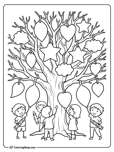 Gratitude Tree with Open Leaves Coloring Page