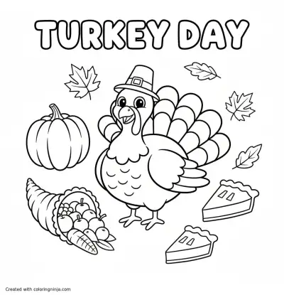A coloring page of a turkey and thanksgiving motives with the text "turkey day"