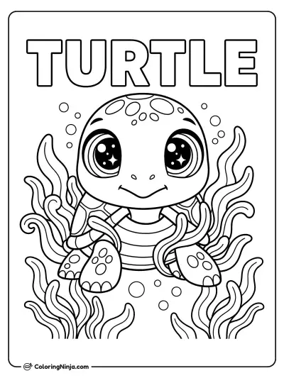 A Turtle with Sparkly Eyes Undersea with Block Letters Coloring Page