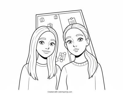 A coloring page of Two Blonde Girls Posing for a Selfie