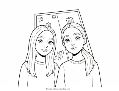 A coloring page of Two Blonde Girls Posing for a Selfie