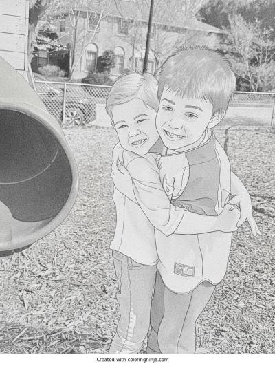 A coloring page of Two Boys Hugging at the Playground