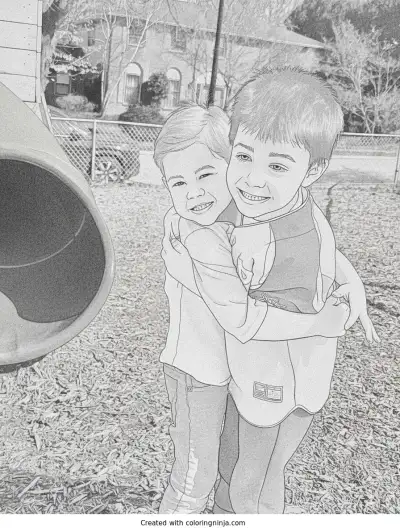 A coloring page of Two Boys Hugging at the Playground