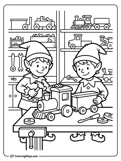 Elves in Santa Workshop Coloring Page
