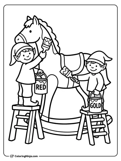 Elves Painting Rocking Horse Coloring Page
