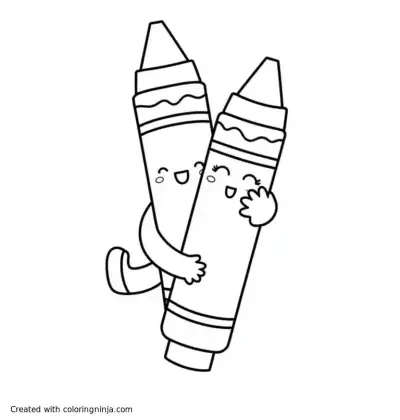 A coloring page of two crayons hugging each other