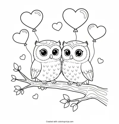 Sweet Owls on a Branch Coloring Page