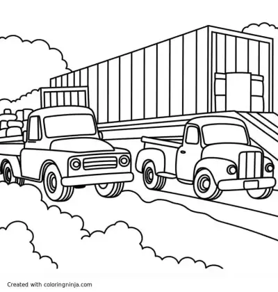 A coloring page of two drifting cars going around a shipping yard