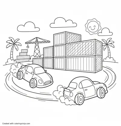 A coloring page of Two drifting cars going around a shipping yard