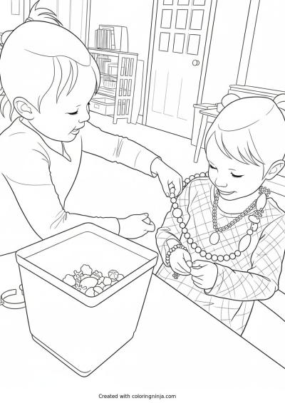 A coloring page of Two Girls Playing with Beads and Jewelry