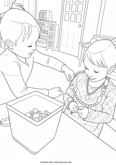 A coloring page of Two Girls Playing with Beads and Jewelry