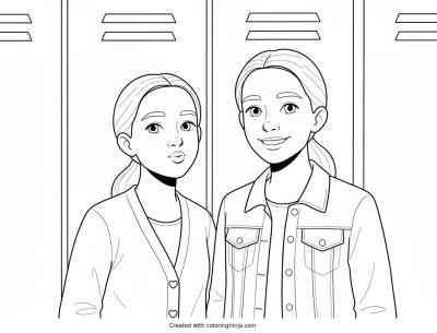 A coloring page of Two Girls Posing in Front of Lockers
