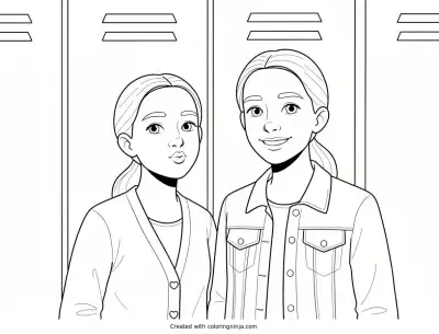 A coloring page of Two Girls Posing in Front of Lockers