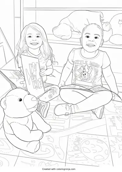 A coloring page of Two Girls Reading Books with a Teddy Bear