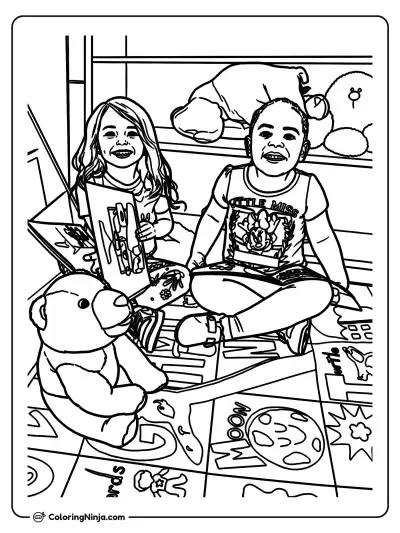 Two Girls Reading Books with a Teddy Bear Coloring Page
