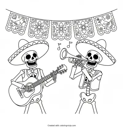 Dancing Skeleton Musicians Coloring Page