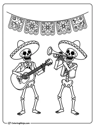 Dancing Skeleton Musicians Coloring Page
