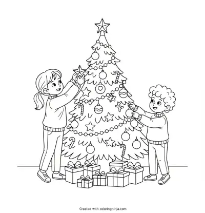 Two Kids Decorating a Christmas Tree Coloring Page