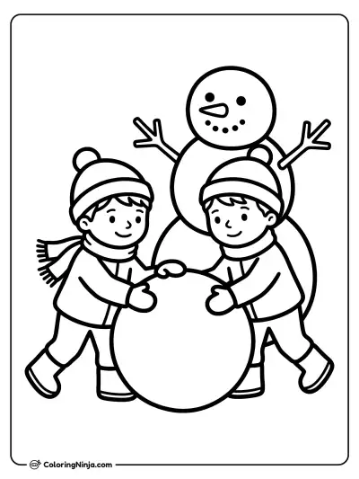 Kids Building a Snowman Coloring Page