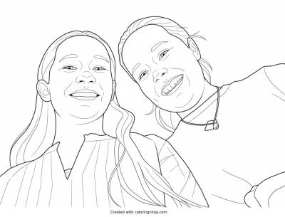 A coloring page of Two Smiling Girls Looking Down