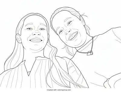 A coloring page of Two Smiling Girls Looking Down