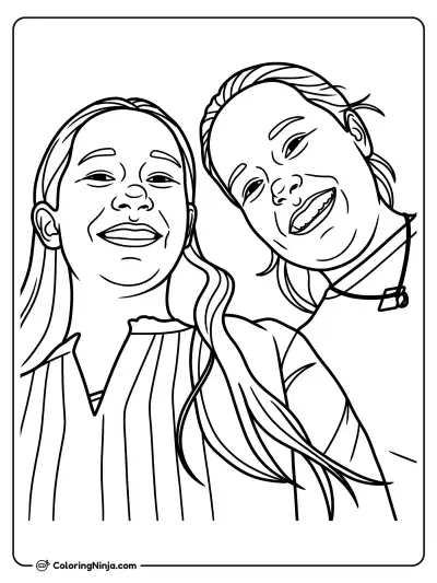 Two Smiling Girls Looking Down Coloring Page