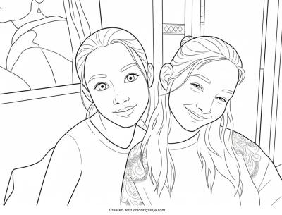 A coloring page of Two Smiling Girls Posing for a Photo