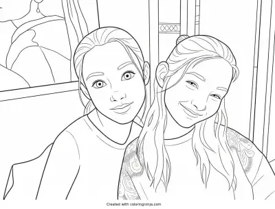 A coloring page of Two Smiling Girls Posing for a Photo
