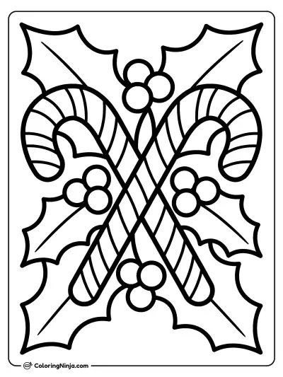 Crossed Canes and Holly Coloring Page
