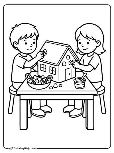 Kids Decorating Gingerbread Coloring Page