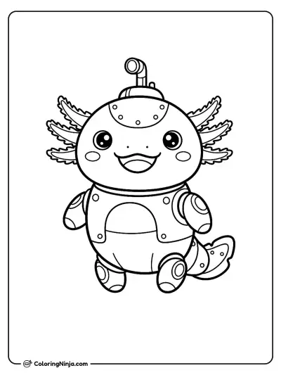 Cute Kawaii Underwater Robot Axolotl Coloring Page