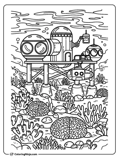 Australian Coral Reef Submarine Station Coloring Page