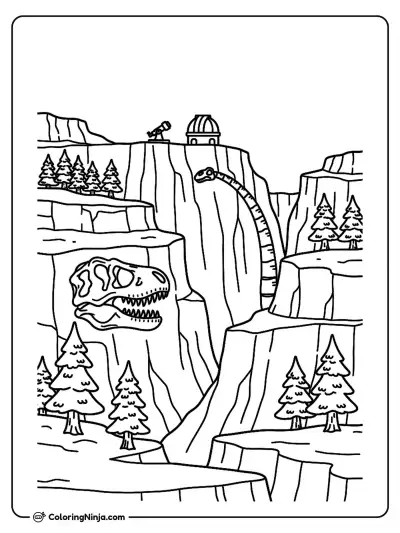 Red Canyon with Fossils and Observatory with Giant Skull and Telescope Coloring Page
