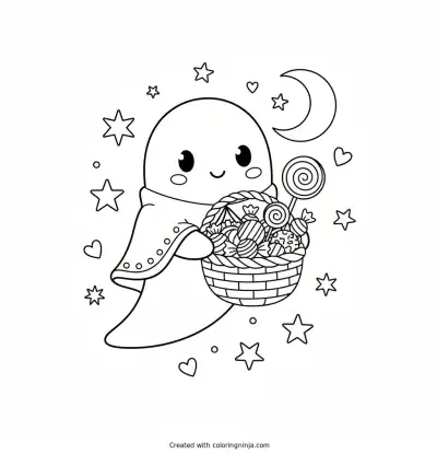 Un Fantasmita Adorable Con Caramelos Coloring Page